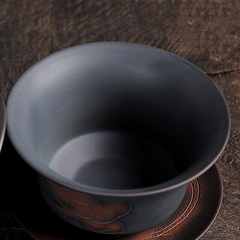 6.8oz Ceramic Pottery Gaiwan Lotus Flower Carved Tureen Covered Bowl Saucer Lid