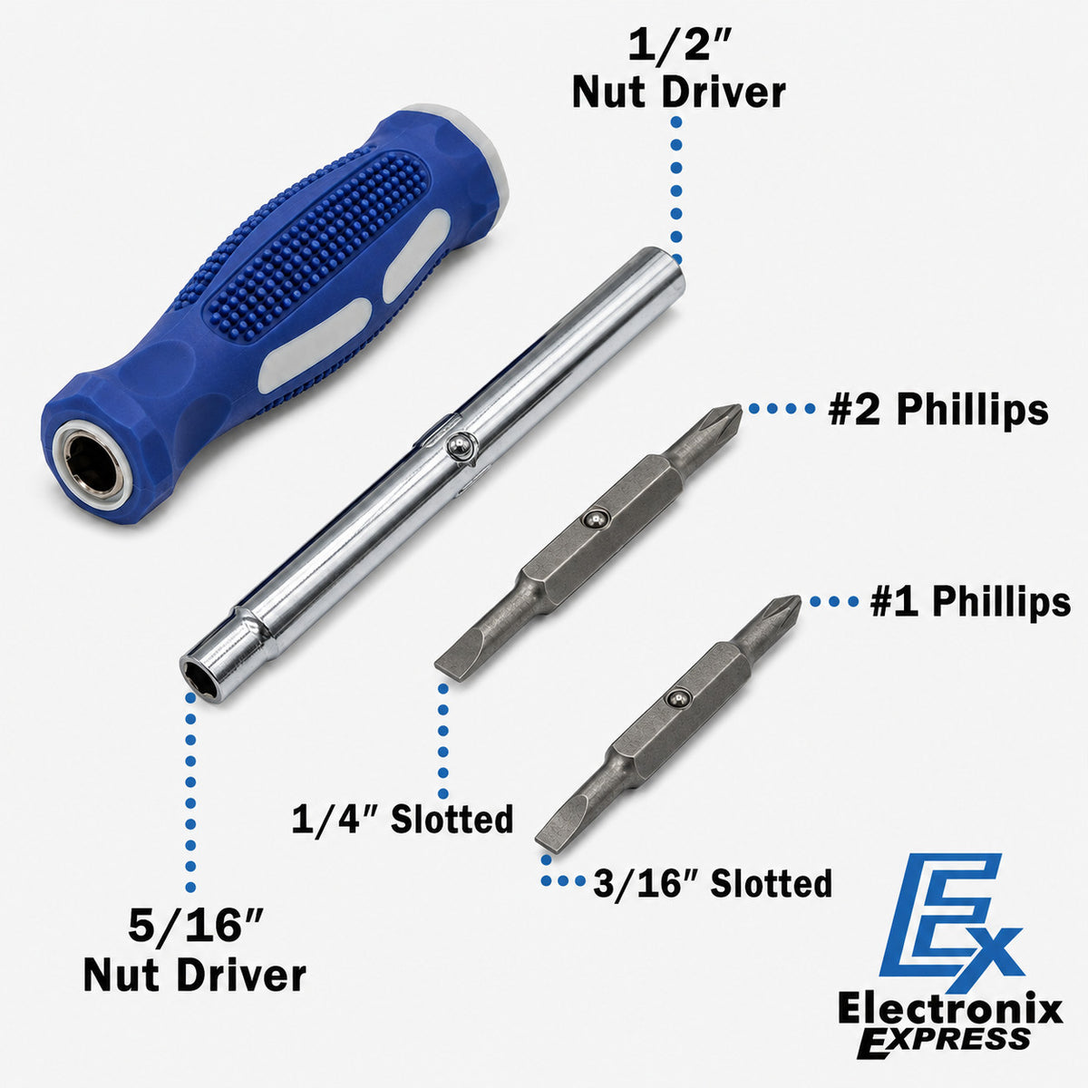6 Pack 6in1 Screwdrivers, Flat 3/16", ¼", Phillips #1, #2, Nut Drivers ¼", 5/16"