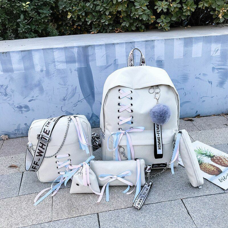 Students Backpack 5 pcs/set Ribbon Chain Girl Laptop School Bags Bookbag Oxford