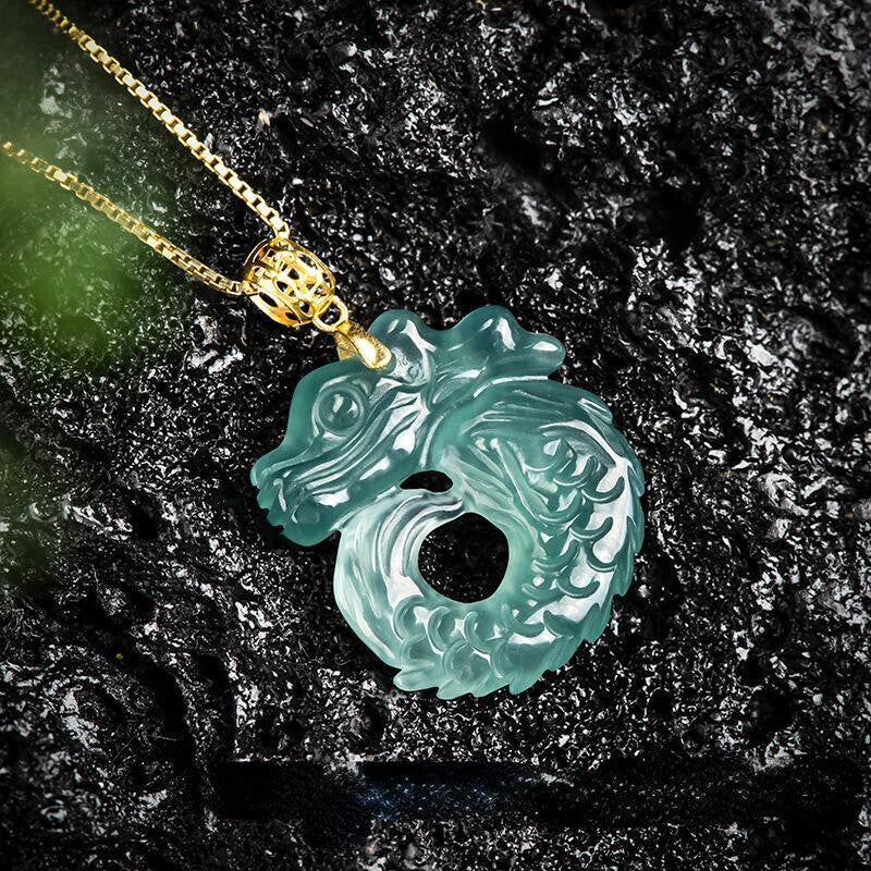 Real Burmese Jade Blue Myanmar Jadeite Dragon Pendant Necklace Natural Jewelry