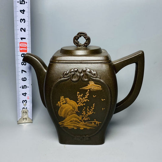 Vintage China Yixing Purple Clay Teapot Zisha Ceramic Painted Landscape Teaware