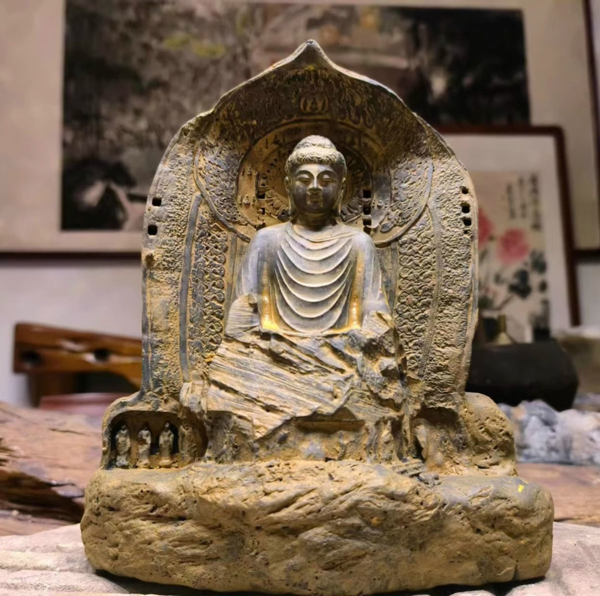 7.1" Old Stone Vairocana Buddha Statue Zen Religious Belief Shrine Home Decor