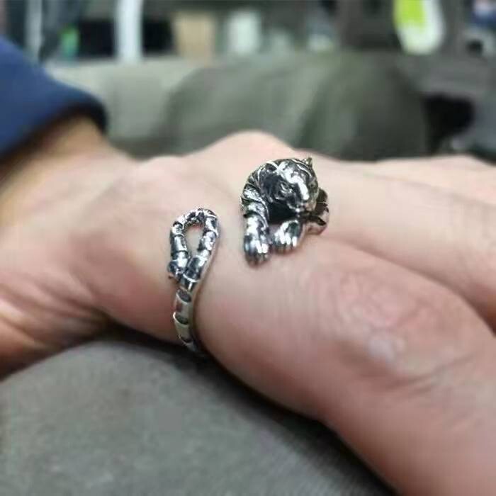 Mens Stainless Steel Sleeping Tiger Open Ring Personalized Vintage Gift