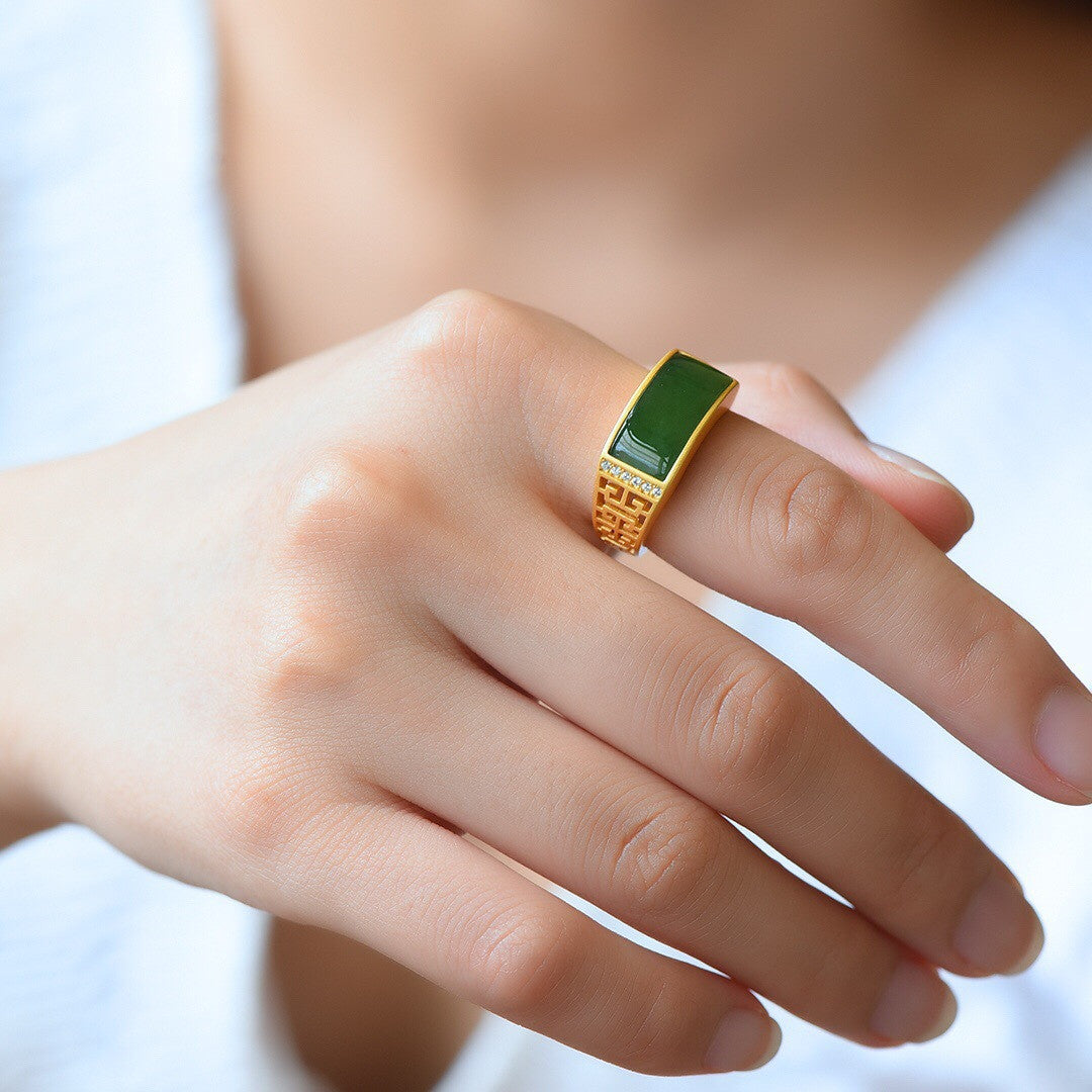 Green Jade Rings Jewelry Adjustable Ring Women Talismans Natural 925 Silver