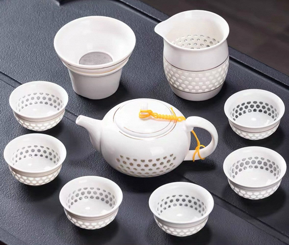 Porcelain Tea Set China Cellular Design Ceramic Tea Pot Matching cups Pitcher