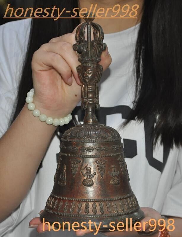 10"Ancient Tibet Temple Bronze Gilt Tara Statue Exorcism Bell Chung Chimes Clock