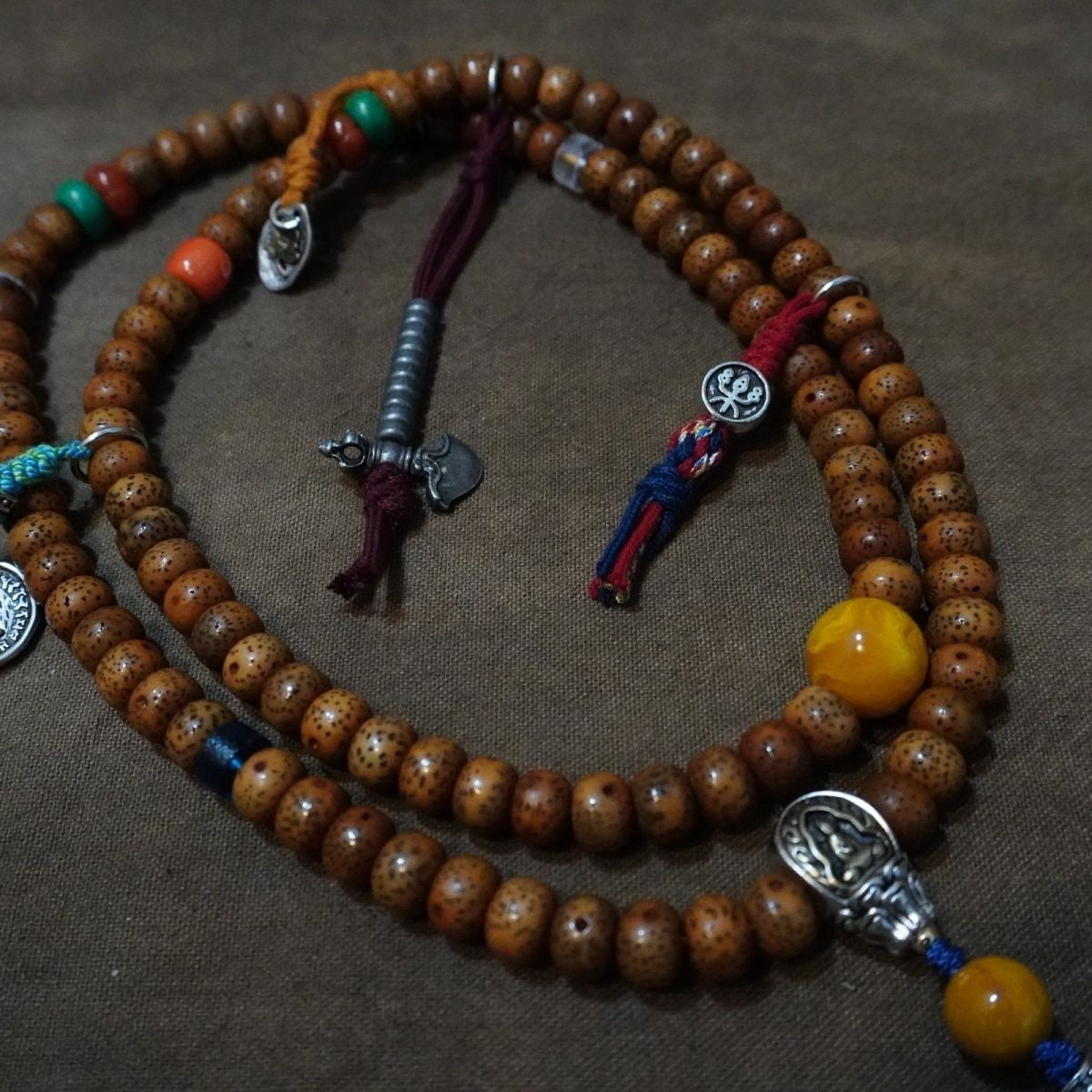 Star Moon Bodhi Seed Mala Bracelet 7x9mm Tibetan 4-Wrap Prayer Beads