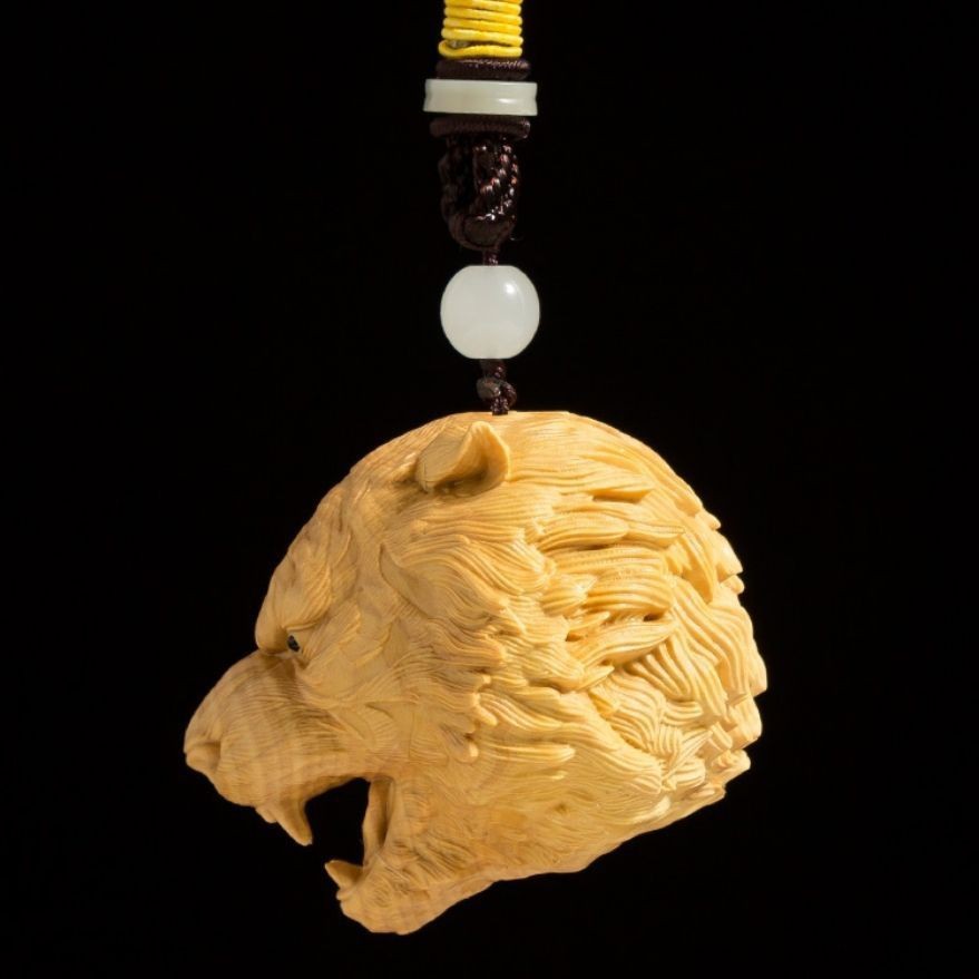 Boxwood Zodiac Tiger Head Hand Piece 1.97*2.36in Wood Carving