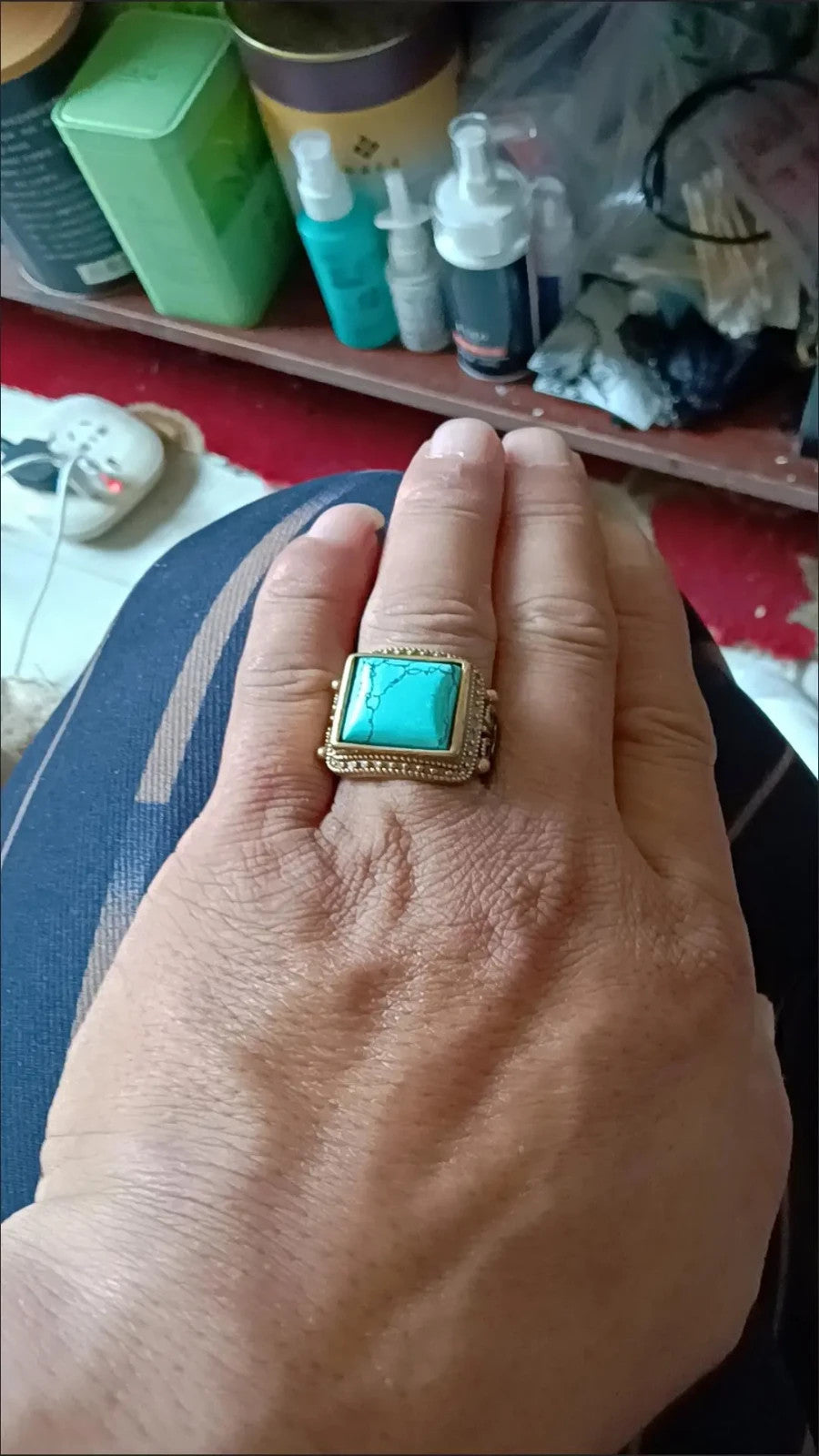 Rare China Antique Collection Old Ring Inlay Turquoise Gemstone Woman Gift