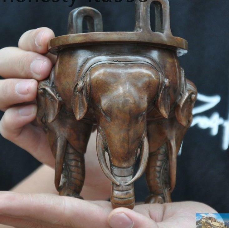 5" Mark Old Chinese Buddhism Bronze Elephant Head Statue Incense Burner Censer