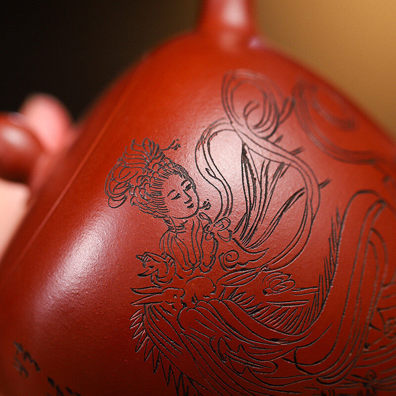 Beauty Shoulder Tea Pot Marked Real Yixing Zisha Dahongpao Clay Hand Carved Pots