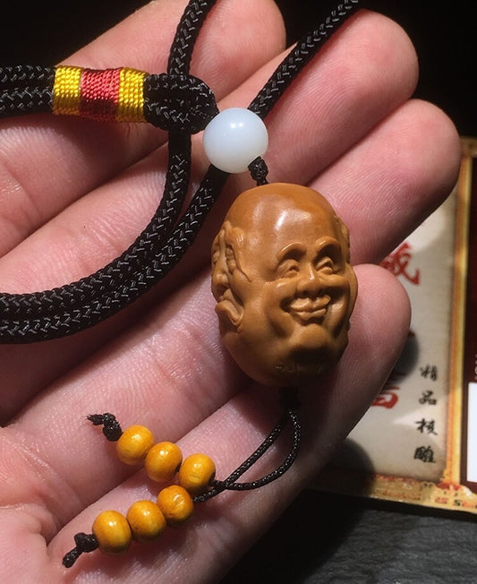 Natural Olive Nut Carved Four-Face Buddha Head Statue Bead Pendant Amulet Decor