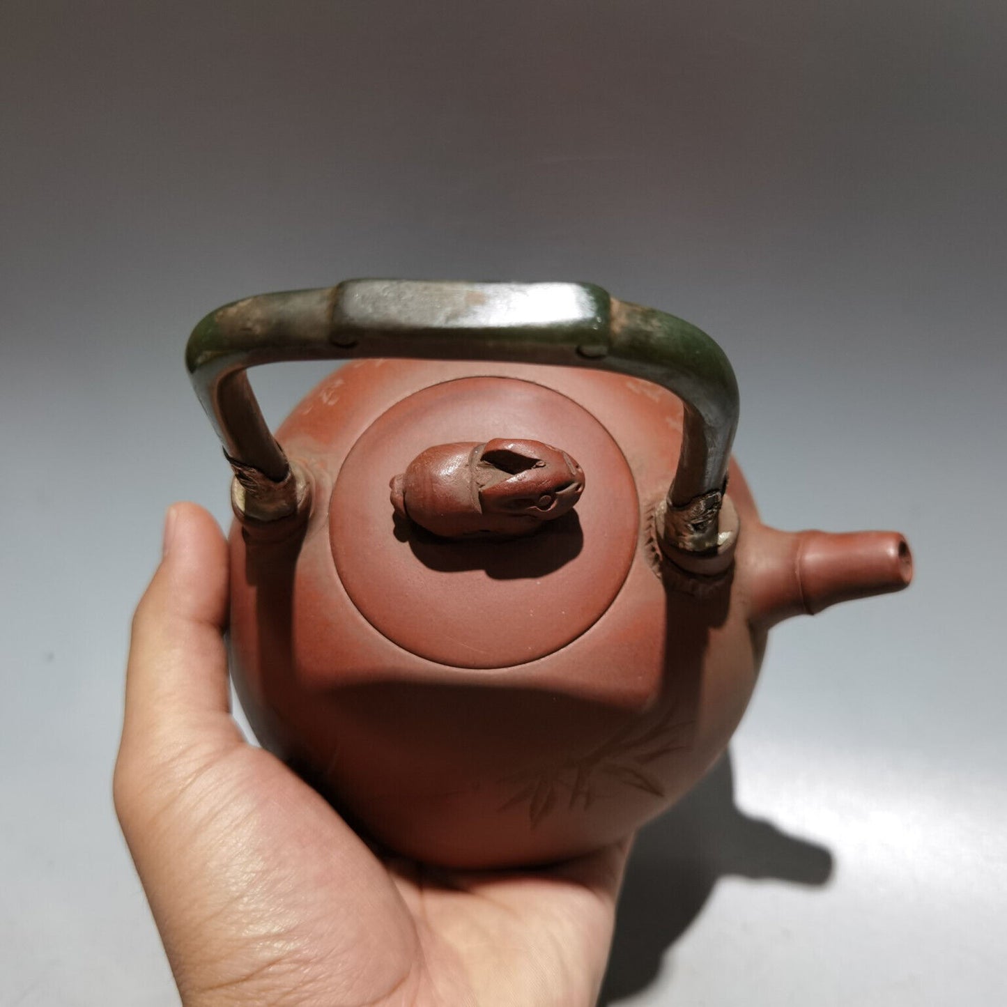 Chinese Yixing Zisha Clay Handmade Exquisite Teapot(镶玉提梁壶 底款:杨彭年)