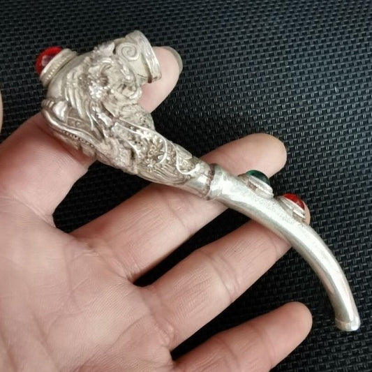 Old Chinese tibet hand-carved Dragon phoenix inlay gem pipe Smoking tools