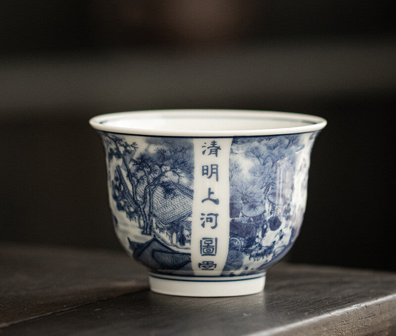 Chinese Ancinent Painting Blue and White Ceramic Solid Wine Mugs Tea Ceremony