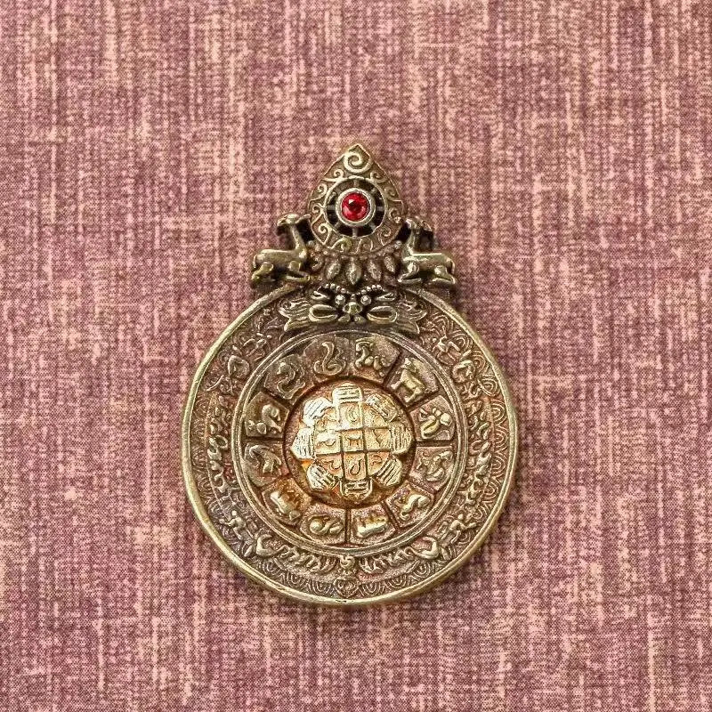 Vintage Brass Buddhist Tantra Eight Diagrams Keychain Zodiac Amulet Pendant