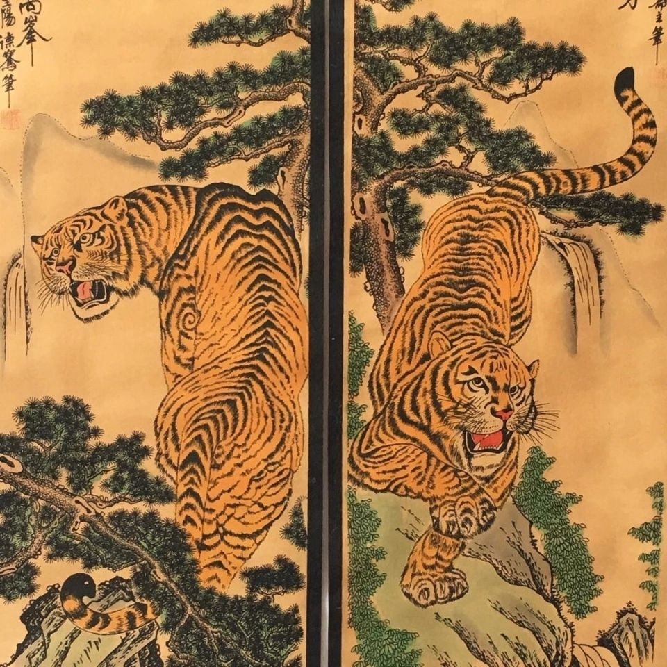Vintage Chinese Tiger Roaring 4 Scroll Paintings 123cm Wall Art Set