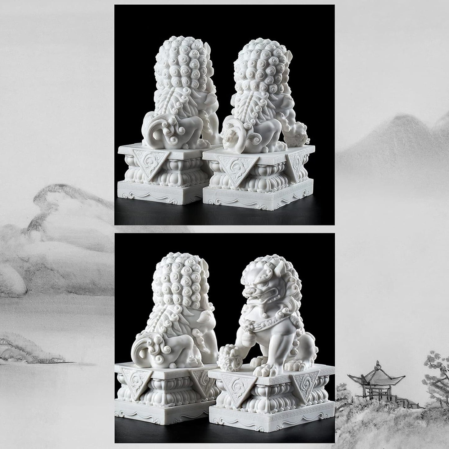 Foo Dogs Statues Pair Marble Feng Shui Guardian Lion Statues