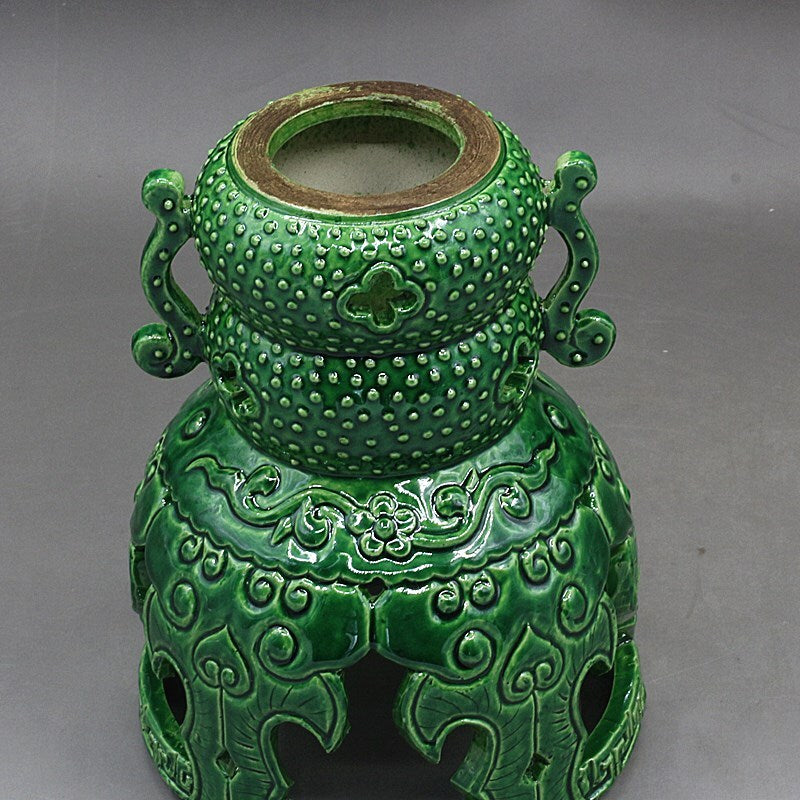 Chinese Antique Porcelain Emerald Green Glaze Hollow Rotating Incense Burner