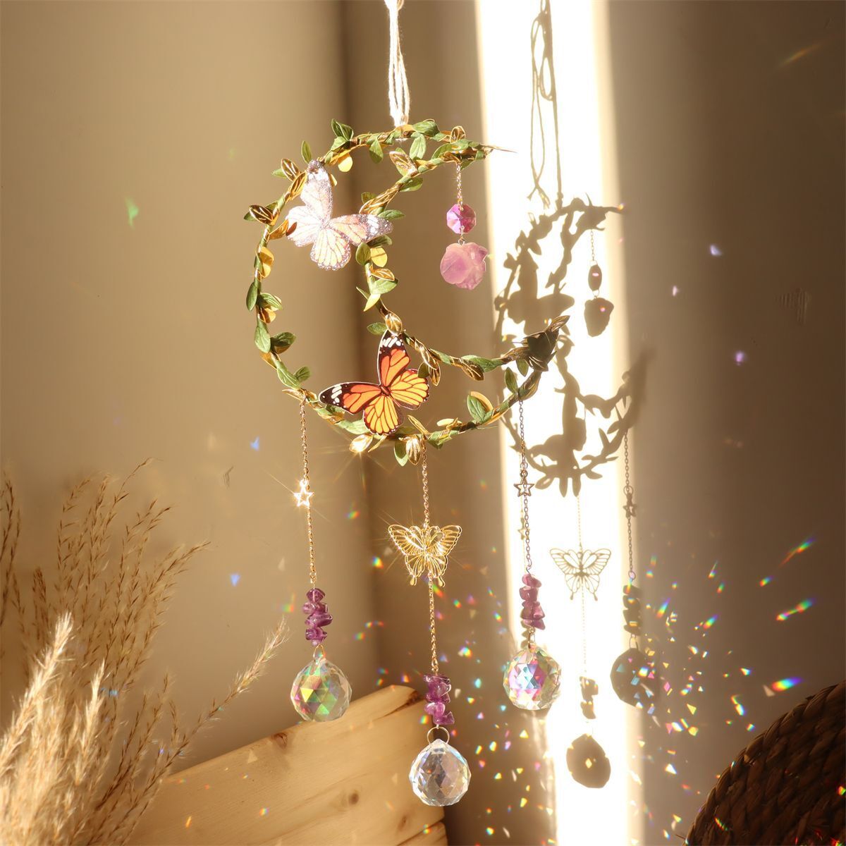 Wind Chimes K9 Crystals Star Moon Vine Winding Butterfly Hanging Rainbow Chasers
