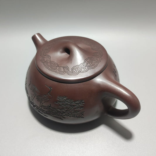 Chinese Yixing Purple Clay Teapot Zisha Ceramic Carving Pine Crane Tea Set Rare