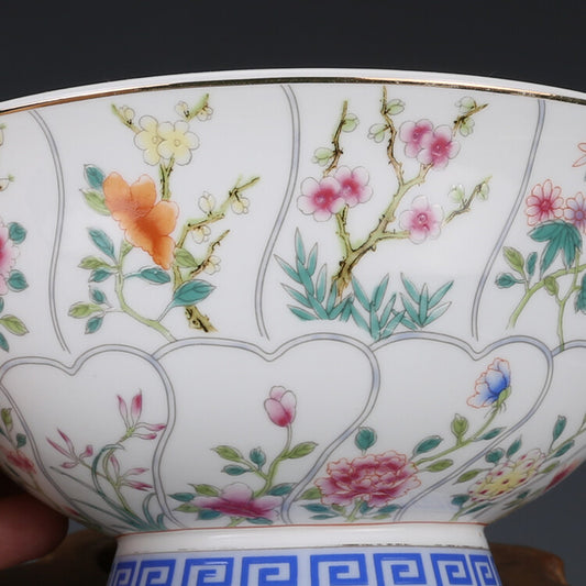 6.2" Collect Chinese Qing Famille Rose Porcelain Gild Twelve Flower God Bowl