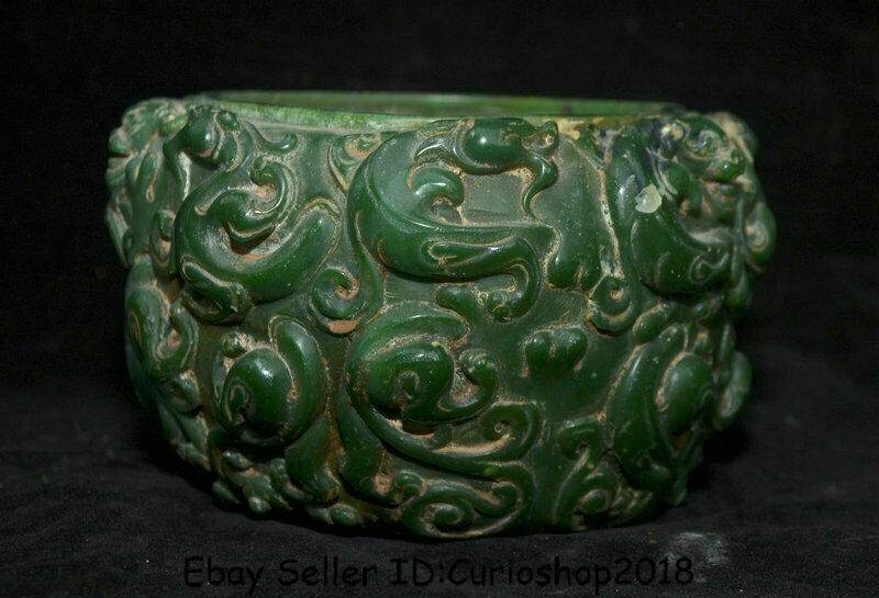 7" Rare Old Chinese Natural Green Jade Carved Dynasty Dragon Beast Pot Jar Crock