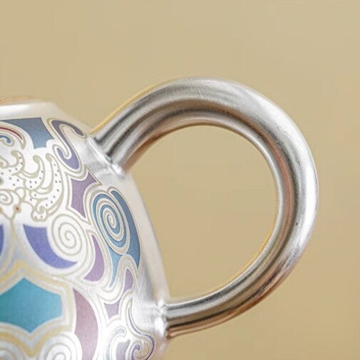 Tea Set Pot With Holder Matching Tea Cup Dunhuang Frescoes Print Silver Ceramic
