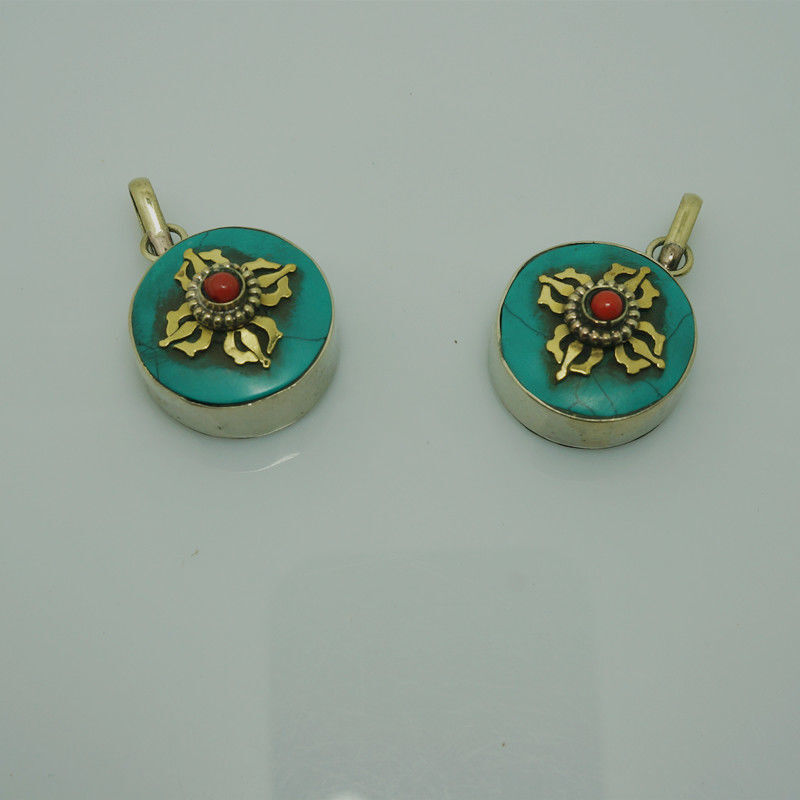 1pc New Buddhist Nepal Turquoise Vajra Round Gau Box Stupa Ethnic Pendant