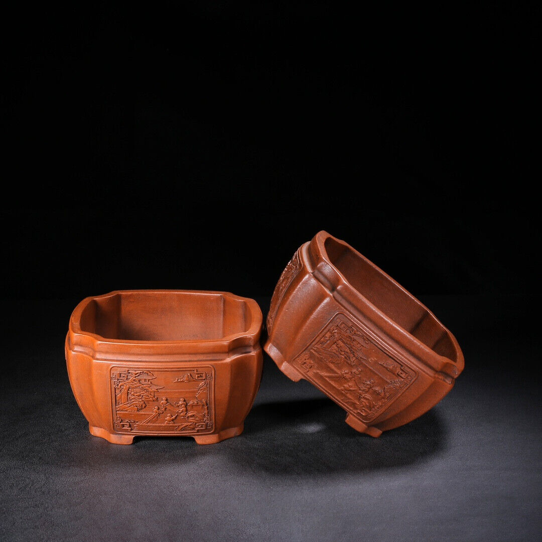 Chinese Yixing Zisha Clay Handmade Exquisite Teapot (花盆(一对) 底款:铁画轩)