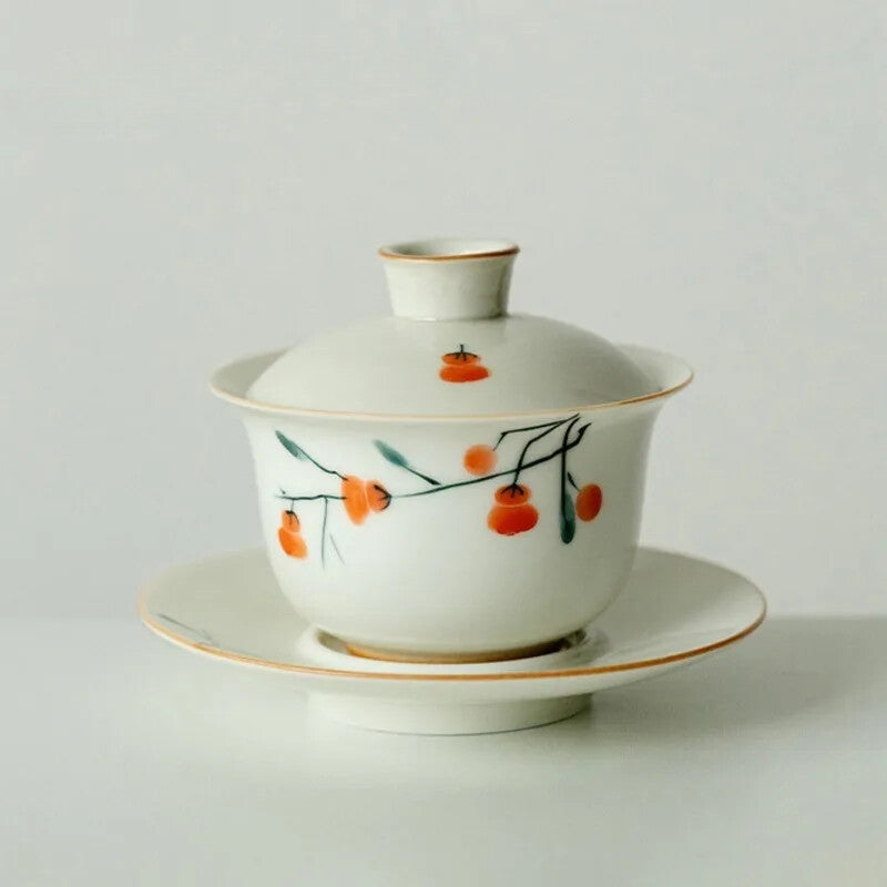 120ml Hand Painted Persimmon Gaiwan Chinese Ceramic Cover Bowl Handmade Tea Bowl