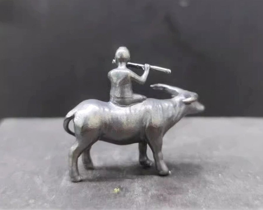 Brass Carved Cowboy Statue Sculpture Buffalo Fluting Boy Figurine Decor
