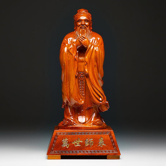 Chinese Rosewood Carved Confucius Statue Kongzi Sage Figure Sculpture Home Decor