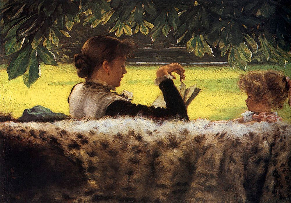 Oil painting Reading-a-Story-Jacques-Joseph-Tissot-Oil-Painting-1 Reading-a-Stor