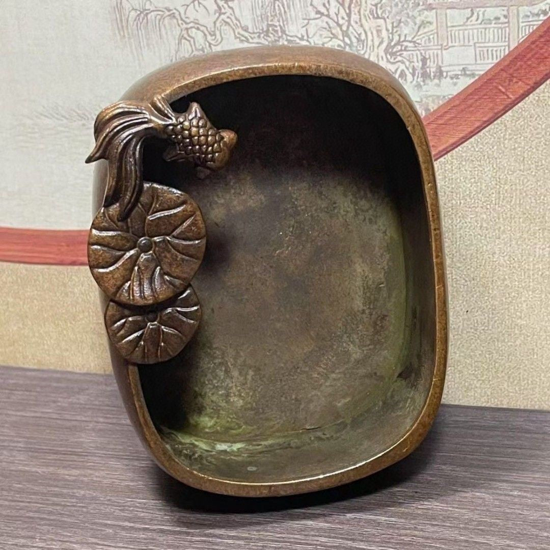 4" China Retro Solid Copper Lotus Leaf Goldfish Incense Burner Ashtray Ornament