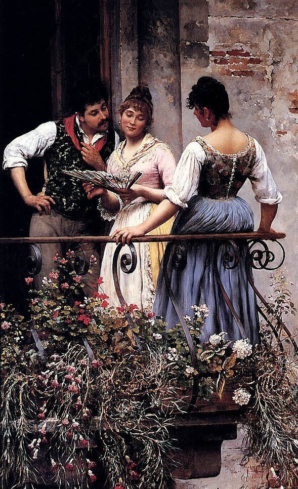 Oil painting On-The-Balcony-1889-Eugene-de-Blaas-oil-painting young lady man art