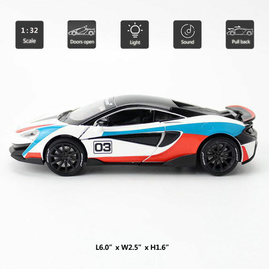 1:32 McLaren 600LT Model Car Diecast Toy Cars Light Sound Door Trunk Open Kids