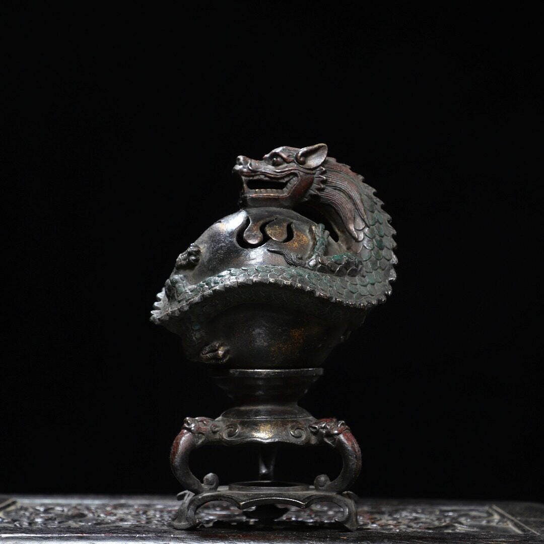 10" Chinese Bronze Gilt Myth Dragon Ball Incense Burner Censer