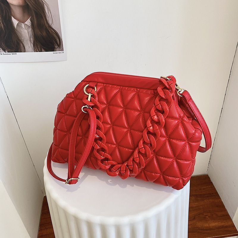 Summer Crossbody Bag Thick Chain Quilted Shoulder Bag Plaid Cloud Totes Clutch