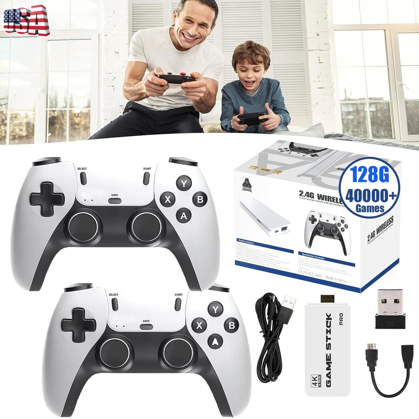 40000+ Retro Games Video Game Console TV Stick 128G 4K HDMI 2Wireless Controller
