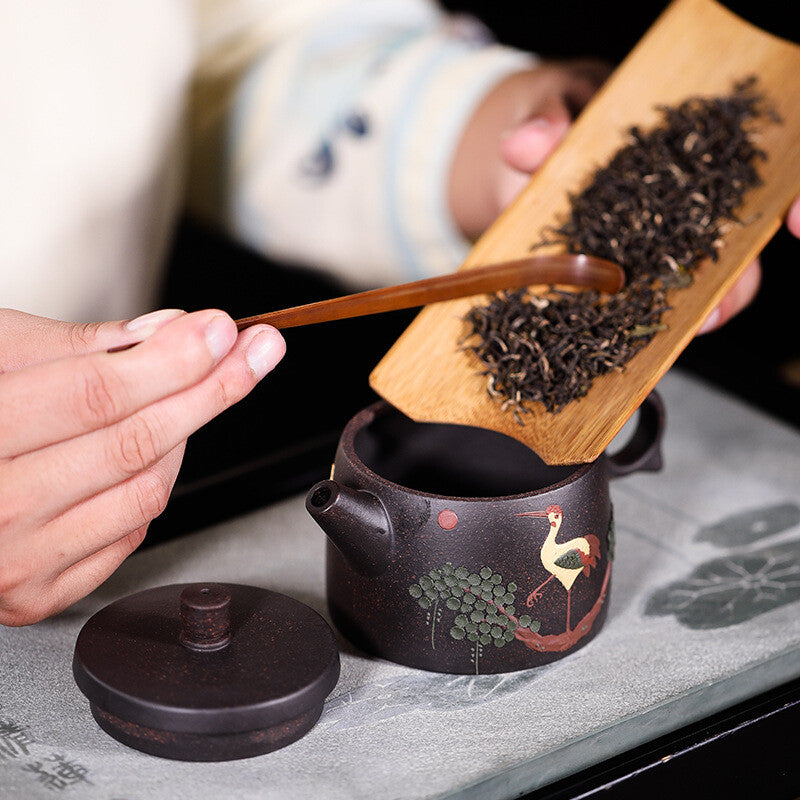Real Yixing Zisha Black Clay Tea Pot Crane Relief Carved Handmade Tea Pot