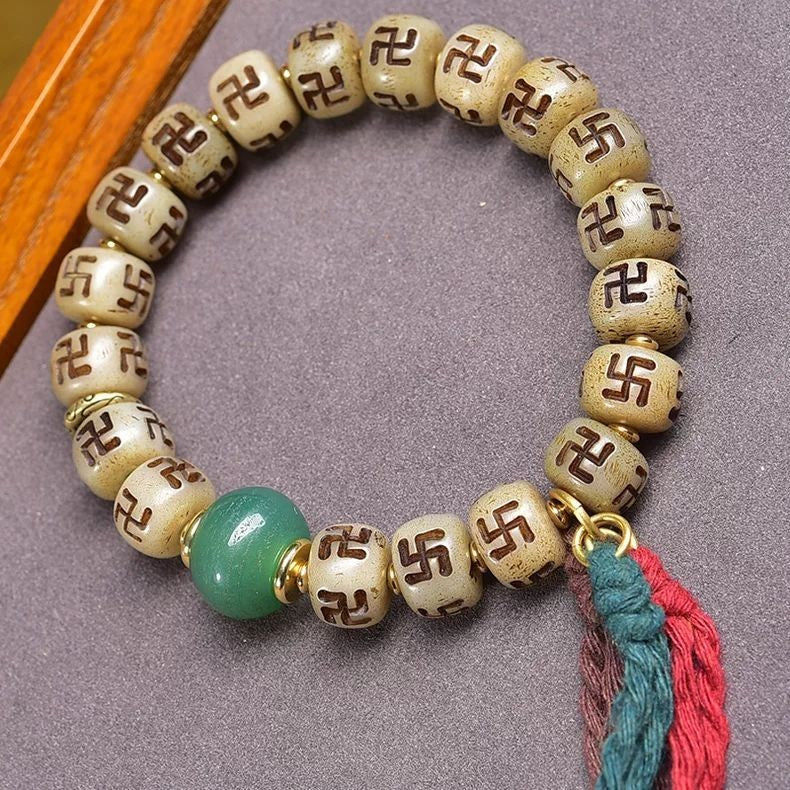 Tibetan Carved Auspicious Symbol Bead Bracelet Buddhist 12x8.4mm Unisex