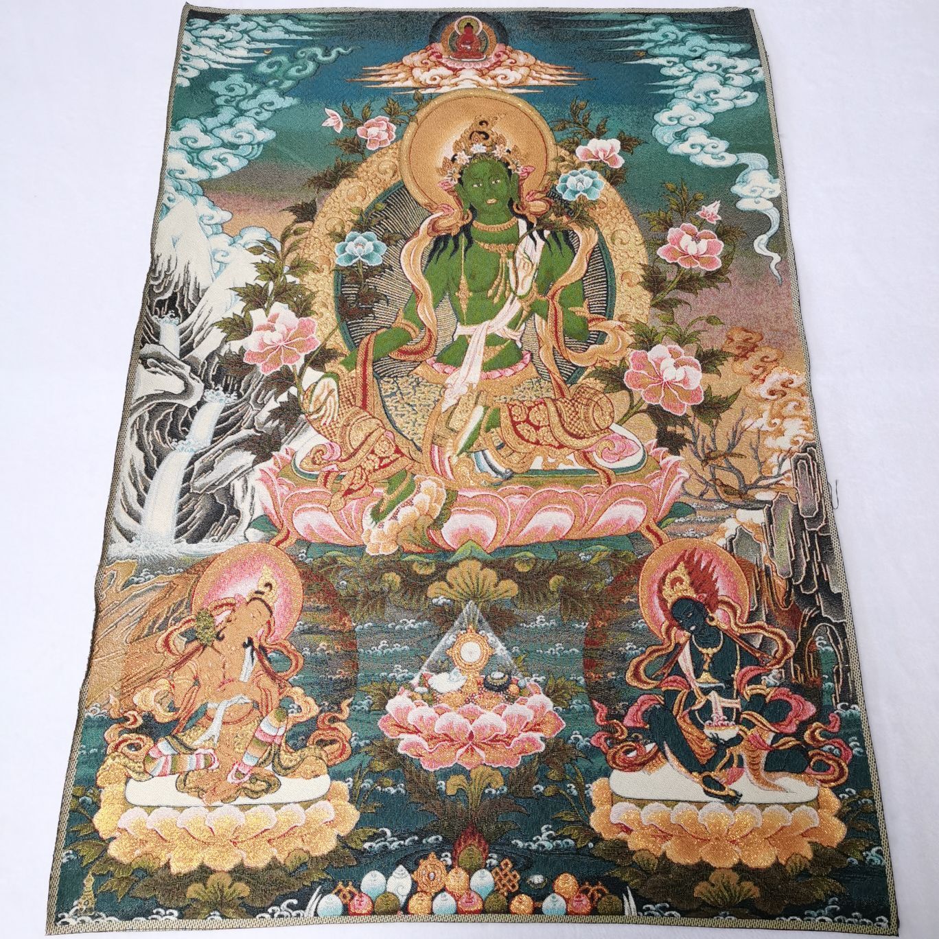 36" Tibet Tibetan Cloth Silk Buddhism Green Tara Guanyin Tangka Thangka Mural 03