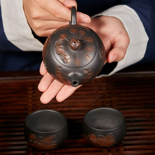 200cc Teapot Handmade Lotus Relief Xishi Pot Purple Clay Pottery Kung Fu Tea
