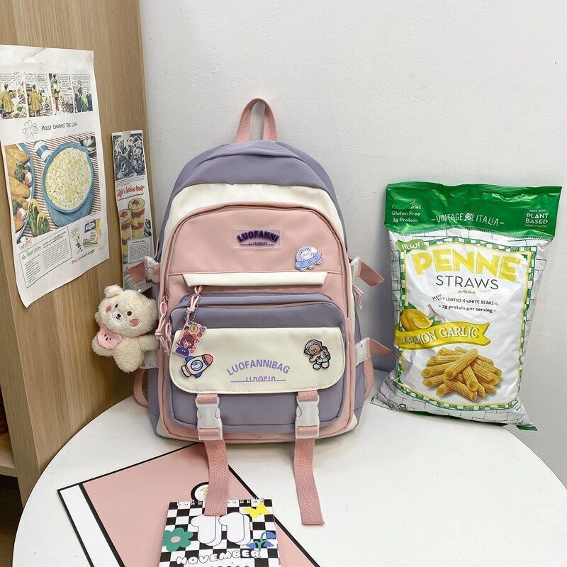 Patchwork Badge Woman Backpack Waterproof High School Bags 31*15*44 /30*13*41 CM