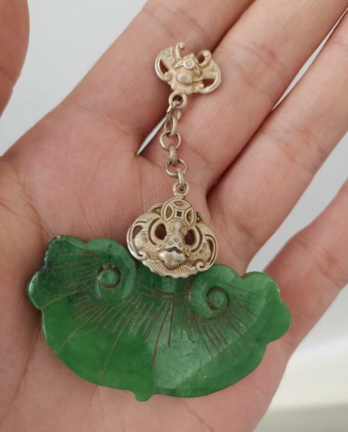 A Pair Chinese Antique Earrings Inlaid Natural Jade and Silver Lucky Jewelry