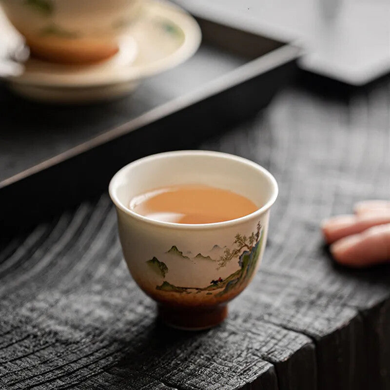 Chinese Retro Ceramic Teacup Handmade Tea Bowl Hand Painted Landscape Tea Cup