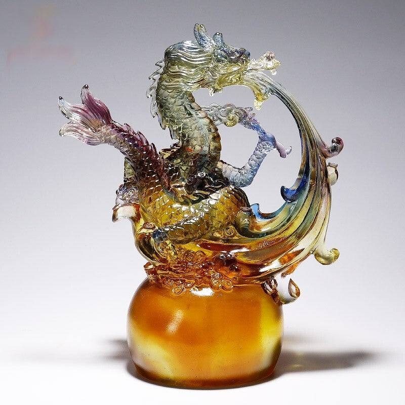 Chinese Liu Li Crystal Dragon Statue Feng Shui Decor