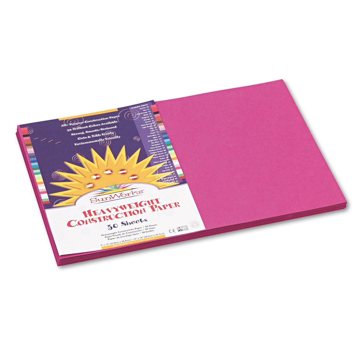 SunWorks 6407 Construction Paper, 58 lbs, 12" x 18", Magenta, 50 Sheets/Pack