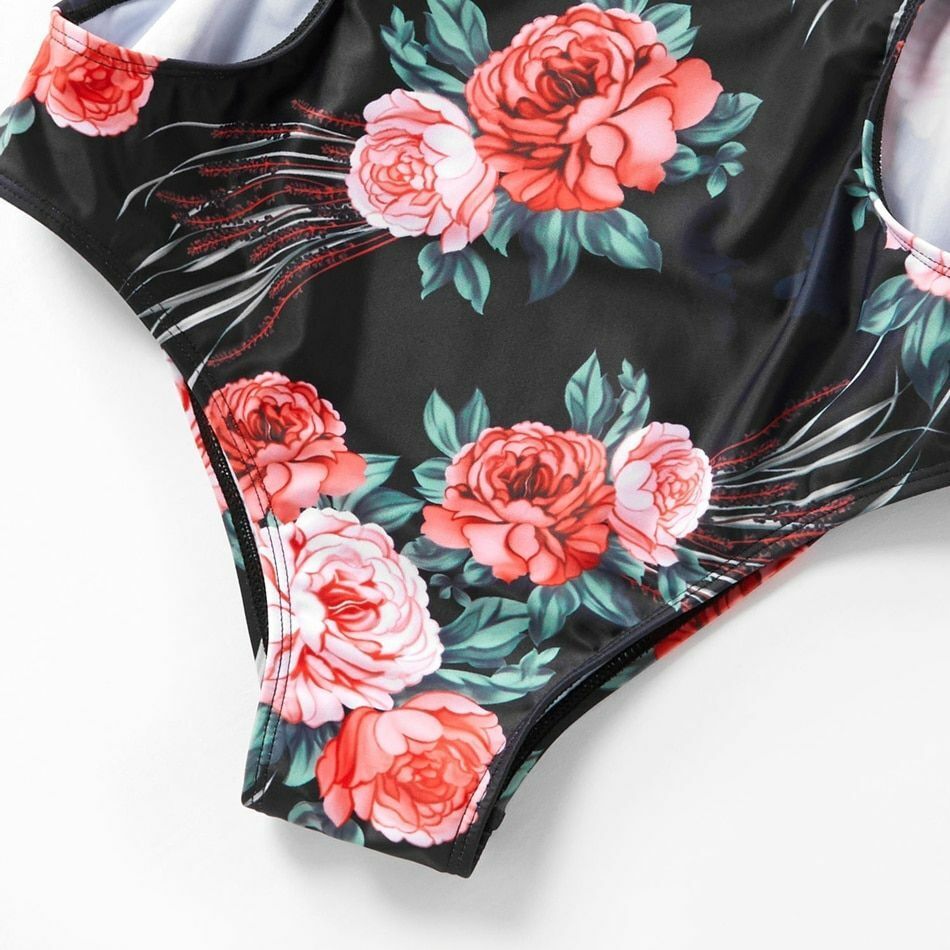 Matching Family Swimsuits Summer Flounce Floral Print Look Print Block One-piece